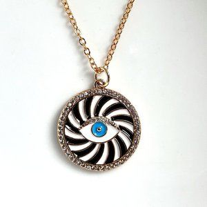 Gold Plated Evil Eye Cubic Zirconia Black White Enamel Charm Pendant Necklace